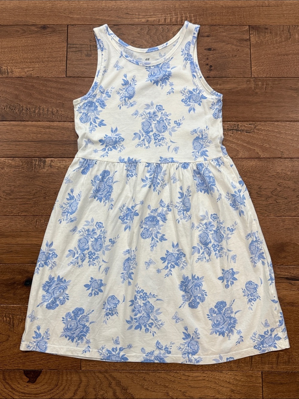 H&M Girls Sleeveless Blue White Floral and Butterfly Dress - Size US 8/10